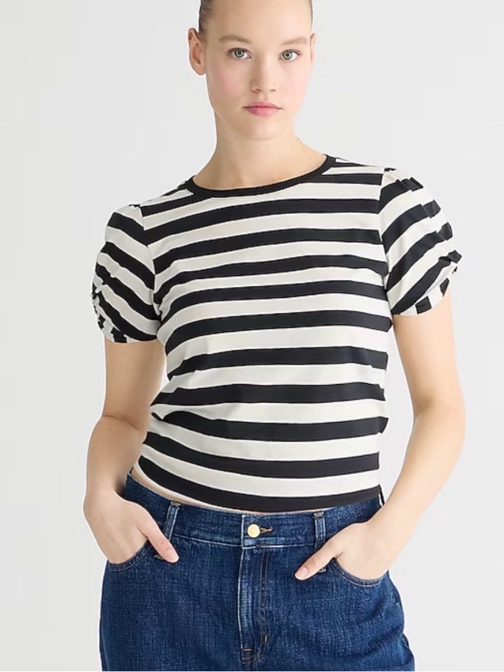 J. Crew Black & White Striped Puff-Sleeve Tee
